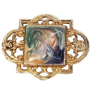Vtg Enameled Swirled Center Blue Green Orange Yellow Gold Tone 2" Brooch Pin